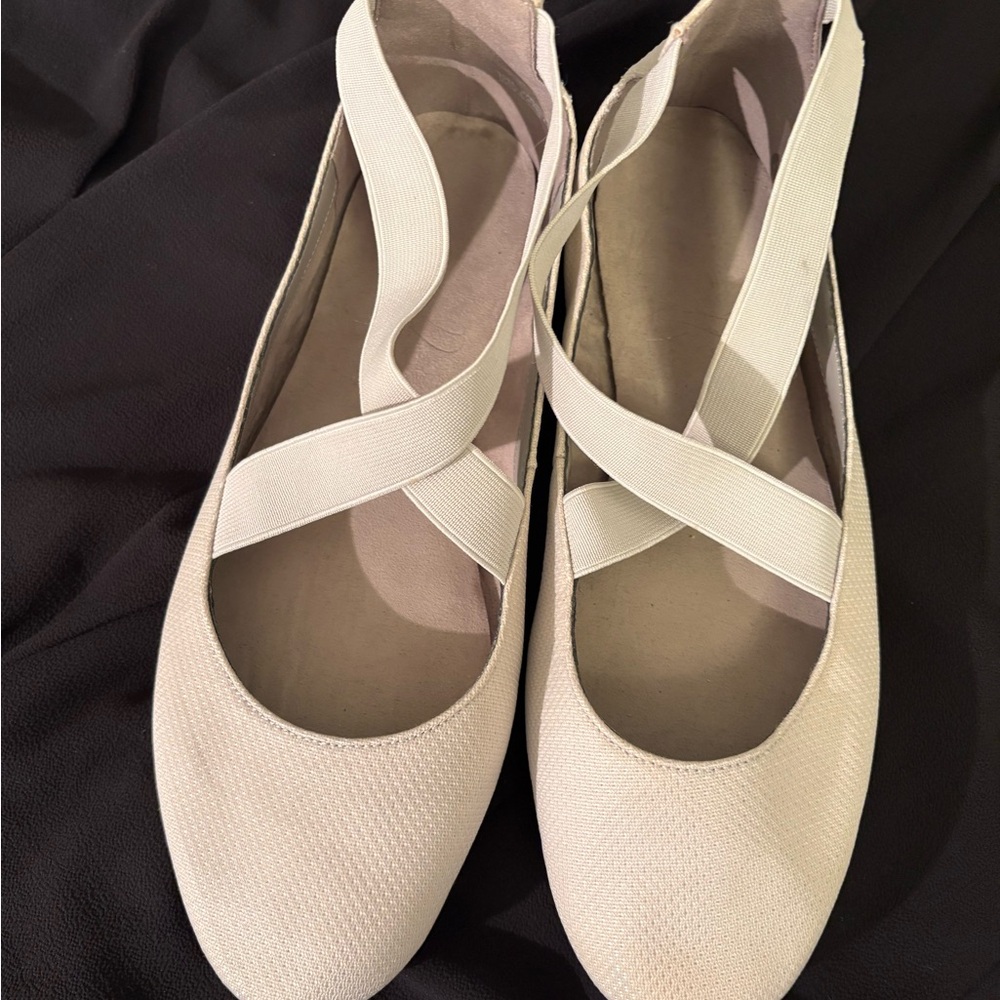 Size 10 Champagne Ballet Flats with Criss Cross Elastic Bands
